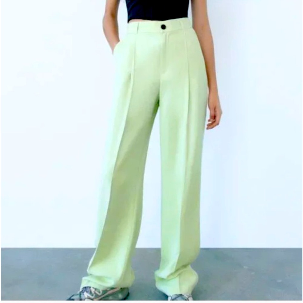 ZARA Celery Green High Waist Full Length wide legs TROUSERS Size XS